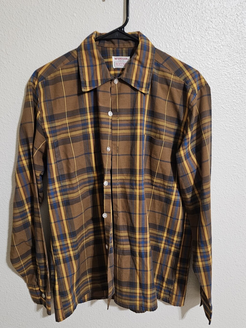 McGregor Brown Plaid Button-Down Shirt with Blue and Yellow Stripes